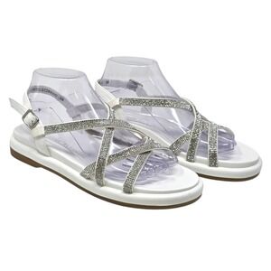Anne Klein White Rhinestone Strappy Sandals Women 8M Flat‎ Y2K Dressy Glam